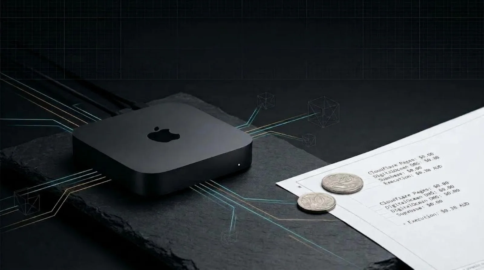 Apple Mac mini M4 Pro with edge routing conduits, Australian coins, and a $0.38 AUD deployment spec sheet